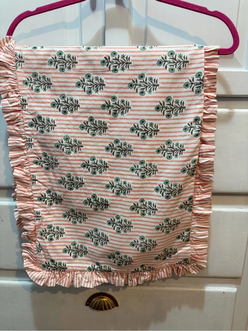 Pillow Cover Block Print Pink Stripe With Ruffle 35 X 14 Uses XL Lumbar Pillow